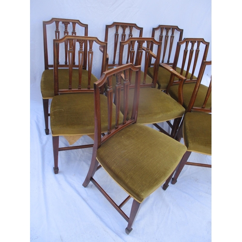 86 - A set of eight Frank Hudson mahogany framed dining chairs with pierced splats, overstuffed seats, H-... 