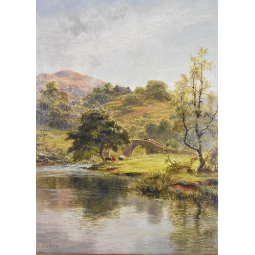 120 - Robert Gallon (1845-1925) British, depicting a landscape with highland cattle grazing by a river, si... 