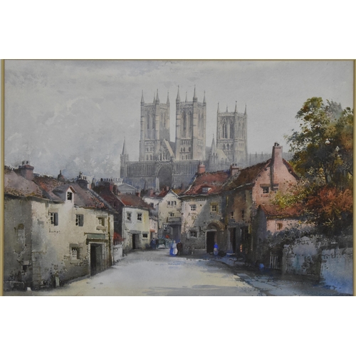 123 - Noel Harry Leaver (1889-1951) British, A.R.C.A, 'Lincoln', depicting a street scene with the Lincoln... 