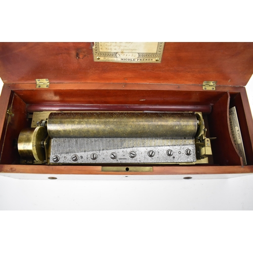 134 - A 19th century Nicole Freres musical box with string inlay, the cylinder playing on six airs with or... 