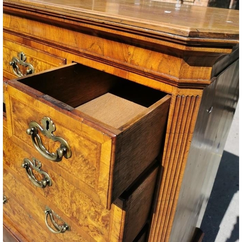 143 - A Queen Anne burr and figured walnut chest on stand, with moulded cavetto cornice above three short ... 