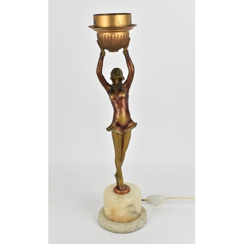 102 - An Art Deco style lamp after 'Ball girl' by Joseph Lorenzel, modelled as a dancer holding the light ... 