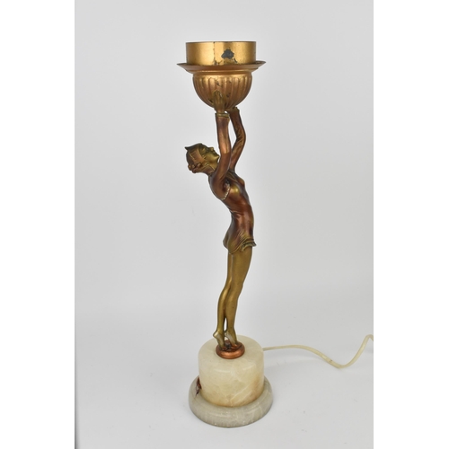 102 - An Art Deco style lamp after 'Ball girl' by Joseph Lorenzel, modelled as a dancer holding the light ... 