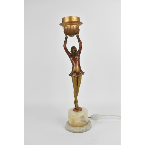 102 - An Art Deco style lamp after 'Ball girl' by Joseph Lorenzel, modelled as a dancer holding the light ... 