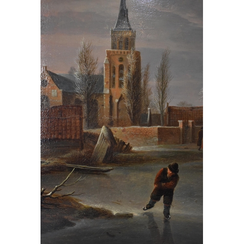 145 - Andries Vermeulen (1765-1914) Dutch, winter scene depicting a frozen lake by a village church with f... 