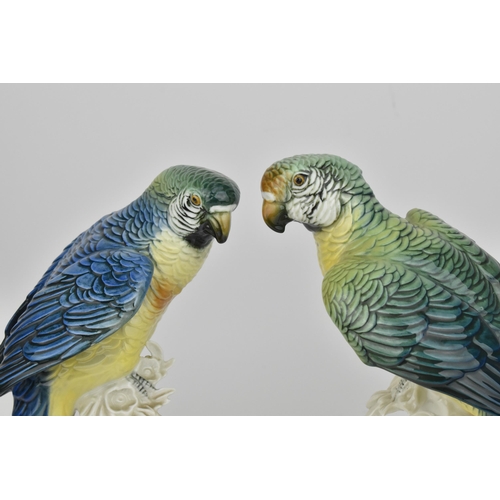 150 - A pair of Karl Ens (1802-1865) glazed porcelain macaw parrots, each sat on a white glazed pierced na... 