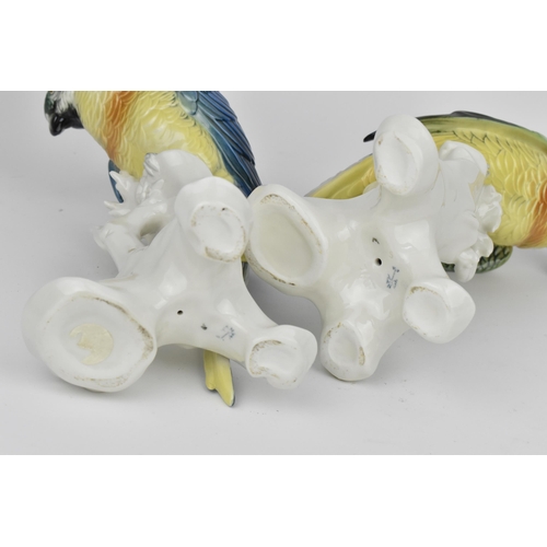 150 - A pair of Karl Ens (1802-1865) glazed porcelain macaw parrots, each sat on a white glazed pierced na... 