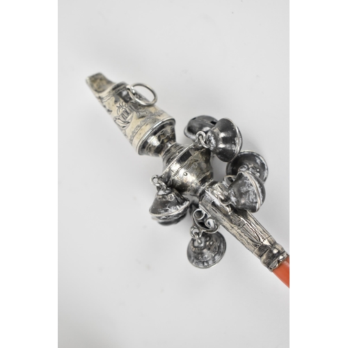 160 - A Georgian or Victorian silver and coral baby rattle, possibly by Edward Mayfield, decorated with ha... 