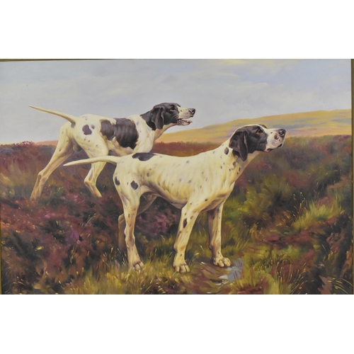 163 - Jonathan Wylder (b. 1957) British, depicting two hound dogs in a field, signed lower left, oil on ca... 