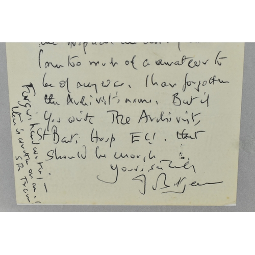 168 - A framed hand written letter by poet and writer John Betjeman (1906-1984) , dated 1966, mentioning a... 