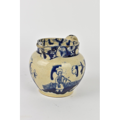 170 - A 19th century blue and white pearlware jug, in the Chinese taste, the rim with floral frieze above ... 