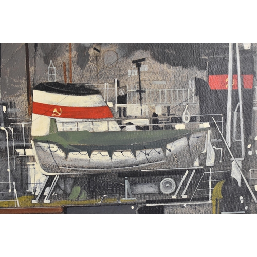 175 - Michael John Hunt, (b. 1941), British, depicting a coastal maritime scene with a Soviet boat, signed... 