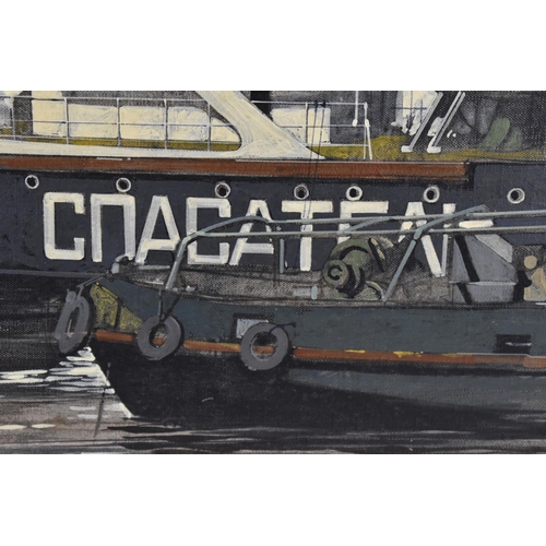 175 - Michael John Hunt, (b. 1941), British, depicting a coastal maritime scene with a Soviet boat, signed... 