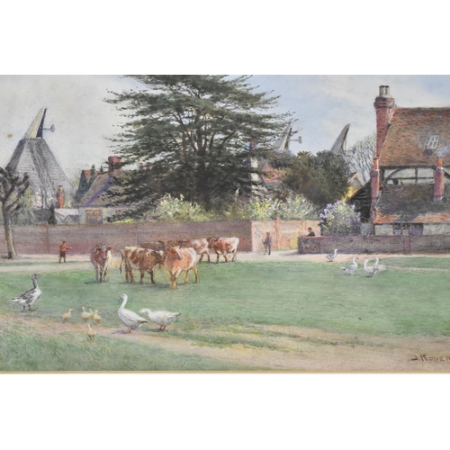 181 - John Pedder (1850-1929) - a view of a village green with cattle, geese, goslings, people and houses,... 