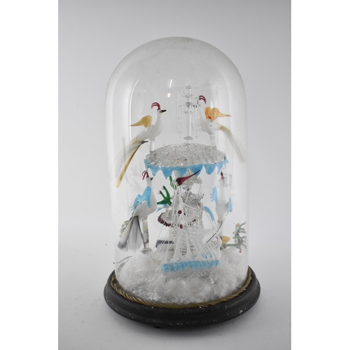 194 - A Victorian lampwork sculpture under a glass dome, modelled as various exotic birds drinking from a ... 