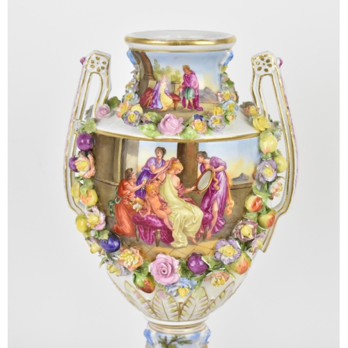 209 - A pair of Carl Thieme painted and encrusted porcelain vases, Potschappel (Dresden), circa 1890, the ... 