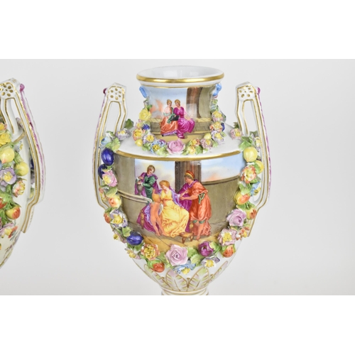 209 - A pair of Carl Thieme painted and encrusted porcelain vases, Potschappel (Dresden), circa 1890, the ... 