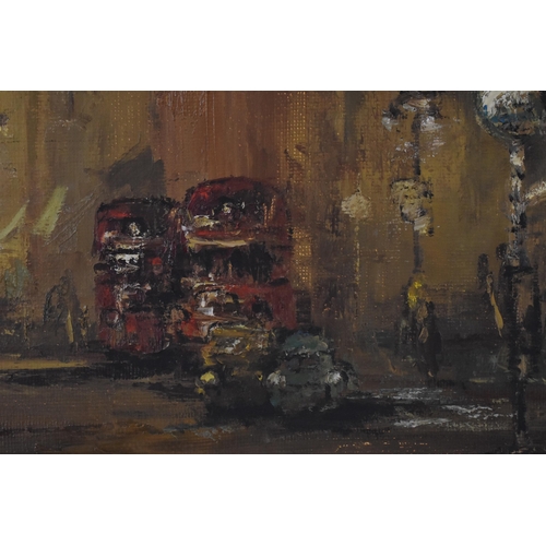 218 - Ben Maile (1922-2017) a London street scene at night with figures, buses and cars, oil on canvas, si... 