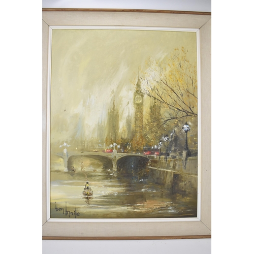 217 - Ben Maile (1922-2017) a view up the Thames towards the Houses of Parliament with a boat and London b... 