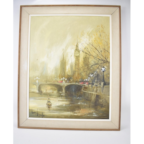 217 - Ben Maile (1922-2017) a view up the Thames towards the Houses of Parliament with a boat and London b... 