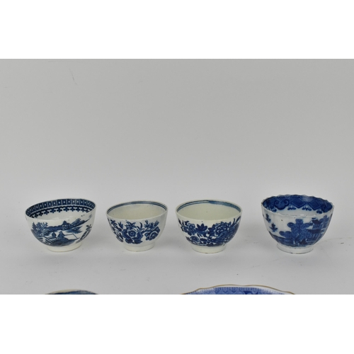 225 - 18th/19th century British blue and white teaware to include three Caughley tea bowls, each decorated... 