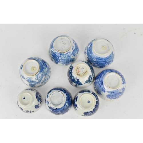 225 - 18th/19th century British blue and white teaware to include three Caughley tea bowls, each decorated... 