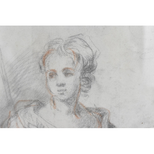 230 - A 19th century portrait of a young woman sat on a chair with a dog at her feet, pencil and pastel, 3... 