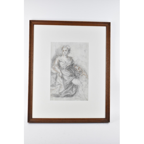 230 - A 19th century portrait of a young woman sat on a chair with a dog at her feet, pencil and pastel, 3... 