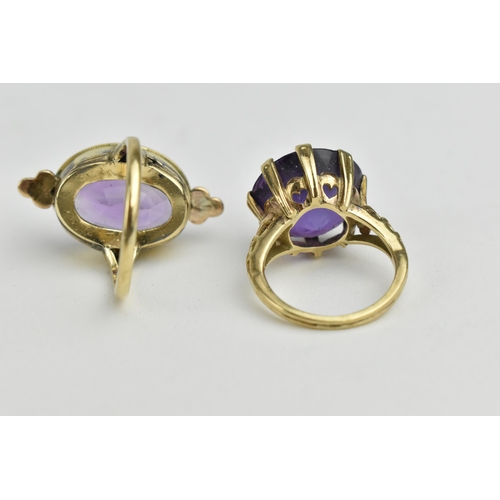 236 - A gold coloured ring and a gold plated ring set with seed pearls, each set with a purple stone