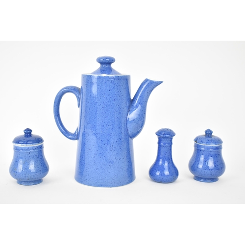 74 - A Moorcroft speckled blue glazed coffee pot, 14.5cm h and matching three piece condiment set