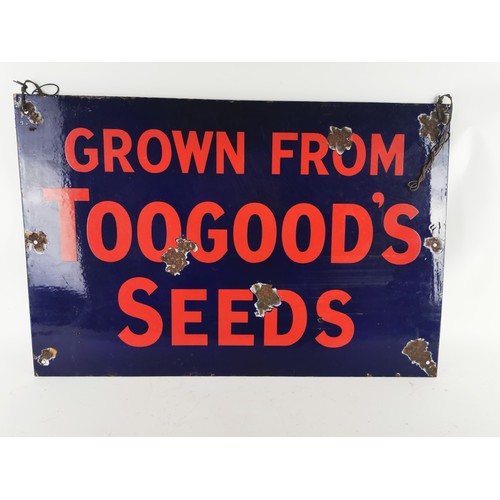 249 - A vintage double sided advertising enamelled sign: 'Grown from Toogood's Seeds', the lettering in re... 