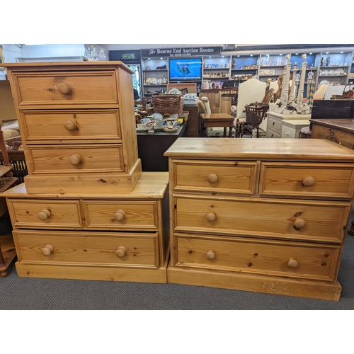 61 - Modern pine furniture comprising a four drawer chest, two three drawer chests, and two bedside chest... 