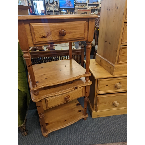 61 - Modern pine furniture comprising a four drawer chest, two three drawer chests, and two bedside chest... 