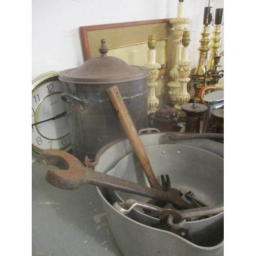 66 - A mixed lot to include various table lamps, copperized coal bucket, tools, a framed and glazed signe... 