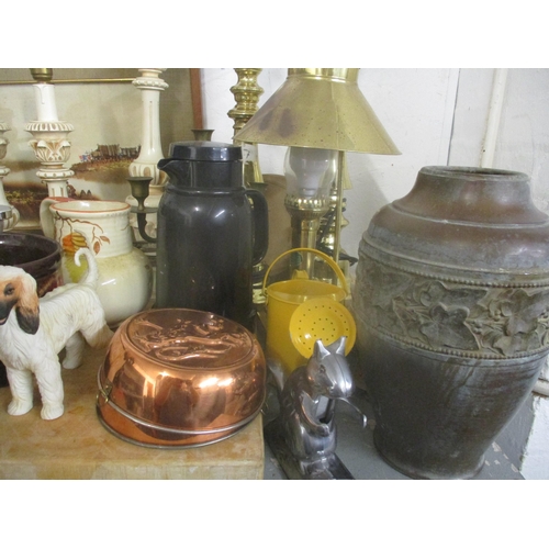66 - A mixed lot to include various table lamps, copperized coal bucket, tools, a framed and glazed signe... 