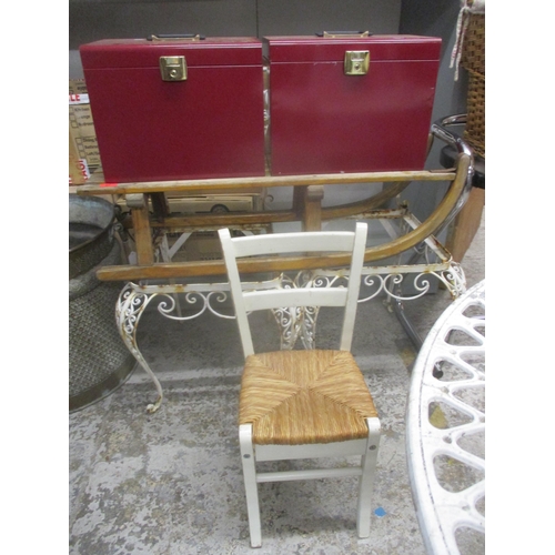 67 - A mixed lot to include two white painted metal garden chairs (without seats), a vintage wooden tobog... 