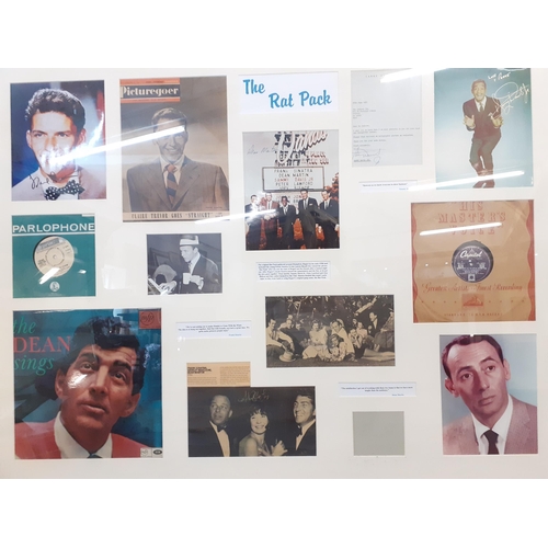 120 - A large collage of ephemera, records and photographs relating to The 1950's Rat Pack, 96cm high x 12... 