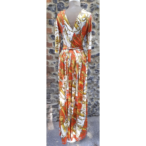 7 - Hermes-A 'Hermes Sport' full length dress in orange, gold and white tones depicting images of sword ... 