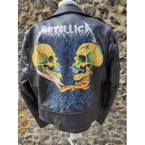 70 - A black leather jacket with hand painted Metallica image to the rear, dated and hand painted 'Metal ... 