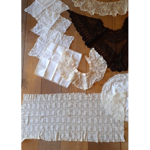 94 - Vintage lace insertions, trimmings and collars to include 2 cream Irish crotchet lace collars with c... 