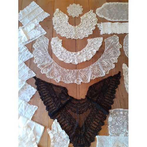 94 - Vintage lace insertions, trimmings and collars to include 2 cream Irish crotchet lace collars with c... 