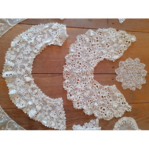 94 - Vintage lace insertions, trimmings and collars to include 2 cream Irish crotchet lace collars with c... 