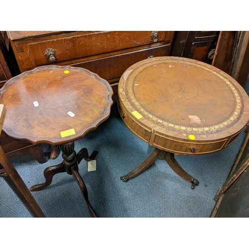 154 - A mid 20th century mahogany bureau together with a walnut sewing cabinet, drum table and an occasion... 