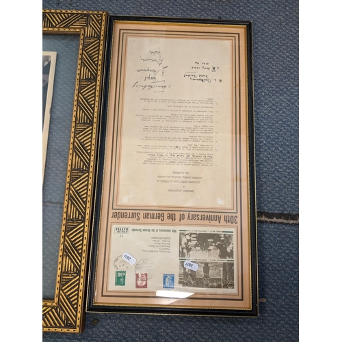 169 - A framed 30th anniversary of The German Surrender together with a framed Mitch Miller record and fra... 