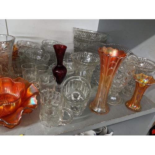 206 - A selection of glassware to include Carnival ware, claret jug, decanter, Whitefriars vase and other ... 