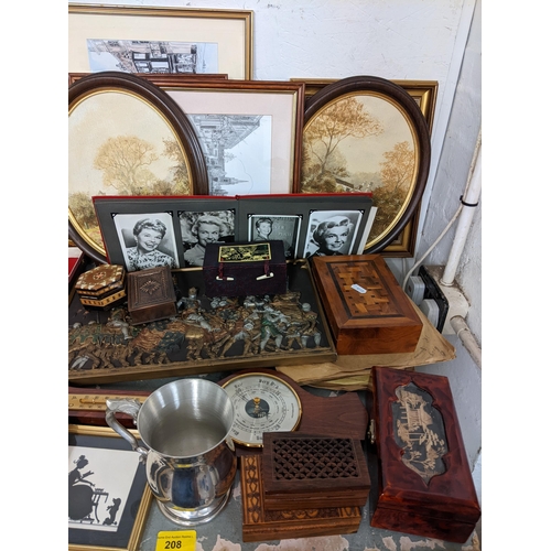 208 - A mixed lot to include framed pictures, boxed cutlery, album of Doris Day photographs, Chinese worry... 