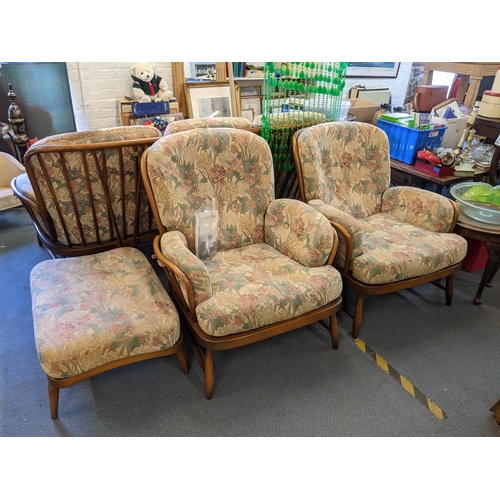 219 - A retro Ercol three seater Jubilee sofa, two matching armchairs and footstools
Location: RAB