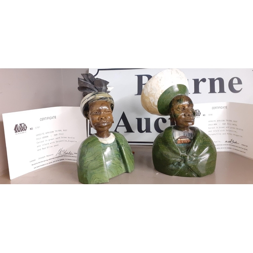 319 - Two 1990's South African busts of a Zulu man and a Zulu woman, carved in brown and green verdite and... 