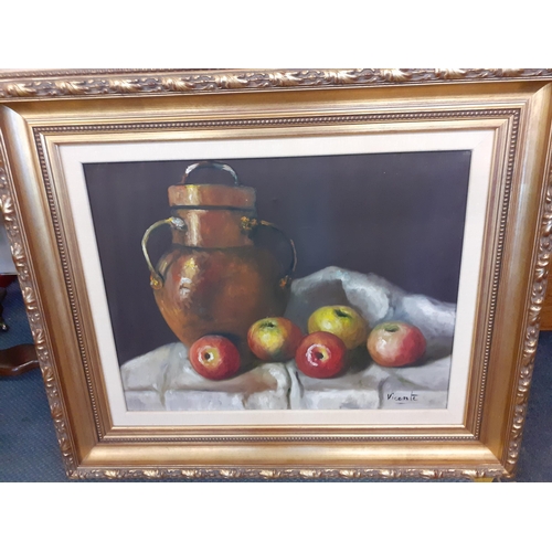 321 - Vincente - Still life of apples and a copper urn, oil on canvas, 63cm w x 50cm h, mounted in a gilt ... 