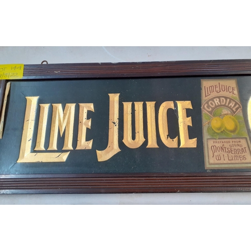 144 - A vintage Lime Juice Cordial cardboard sign, framed, and a Schweppes Ginger Ale framed advertisement... 